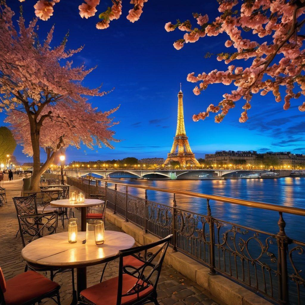 A picturesque view of Paris at twilight, featuring the Eiffel Tower illuminated against a deep blue sky. Romantic couples stroll along the Seine River, with lamplights casting a warm glow reflecting on the water. Delicate cherry blossoms flutter in the foreground, enhancing the enchanting atmosphere. Parisian cafes with outdoor seating can be seen in the background, inviting and charming. super-realistic. vibrant colors. pastel tones.