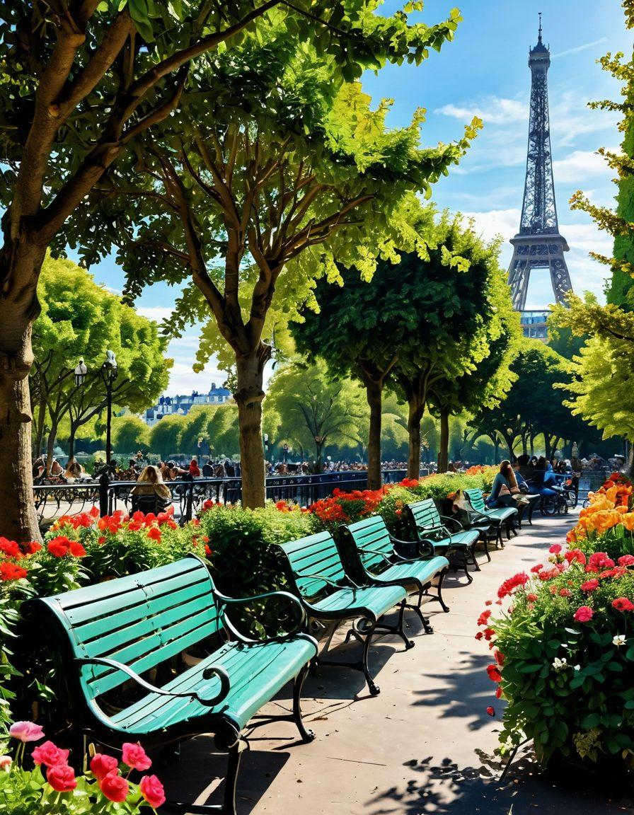 An enchanting scene of the Victoria Gardens in Paris, showcasing lush greenery, vibrant flowers, and joyful visitors lounging on benches, capturing the elegance of the city. In the background, iconic Parisian landmarks, like the Eiffel Tower and charming café terraces, with a bright, sunny sky above. The feeling of joy and tranquility should permeate the image. super-realistic. vibrant colors. dreamy atmosphere.